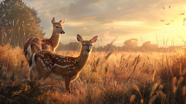 a couple of deer standing in a field generative ai