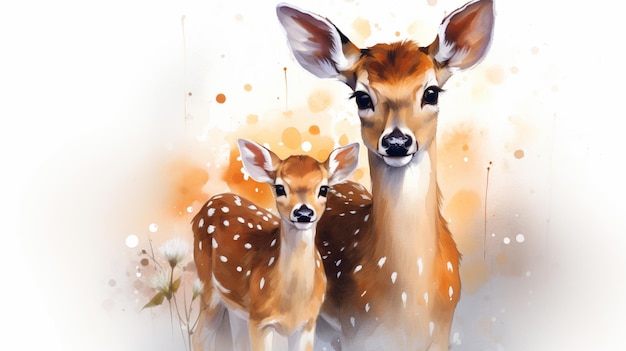A couple of deer standing on top of a grass covered field Generative AI