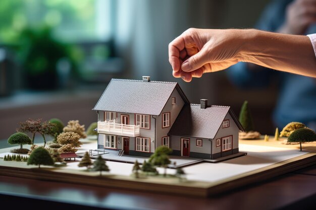 Photo a couple on a desk with a house model and house keys