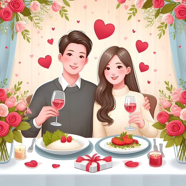 Foto couple diner illustratie valentijnsdag