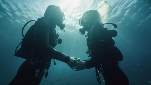 Foto una coppia di subacquei innamorati che si tengono per mano e si guardano sotto il mare generativo ai