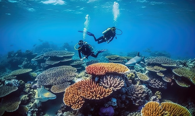 Couple of divers touring tropical reef