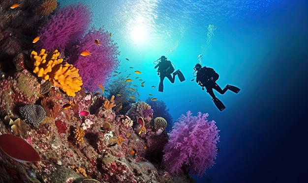 Couple of divers touring tropical reef