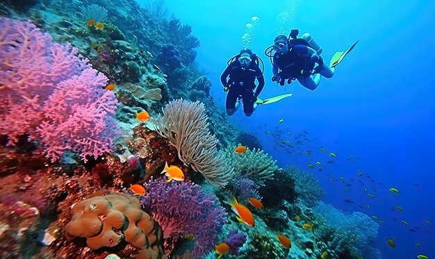 Couple of divers touring tropical reef