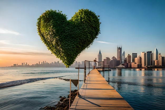 A couple on a dock with a heart shaped sculpture in front of a city skyline.