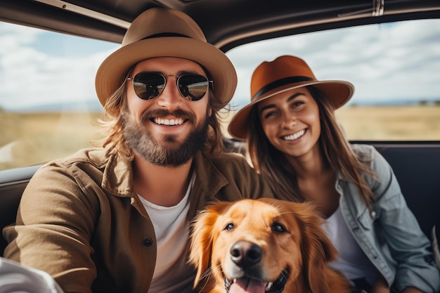 Photo couple and dog enjoy they vacation with beautiful landscape view on camper van road trip holiday