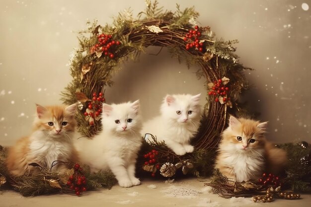 Photo couple of dogs in the middle of a christmas wreath