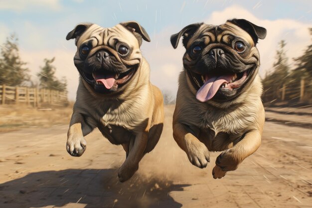 couple of dogs running across a dirt road