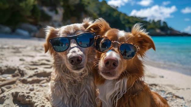A couple of dogs with sunglasses taking a selfie on the beach