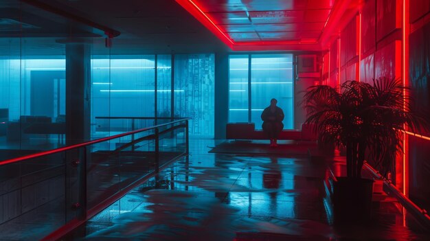 A couple doing meditation in a modern future Bladerunner vibe cinematic shot