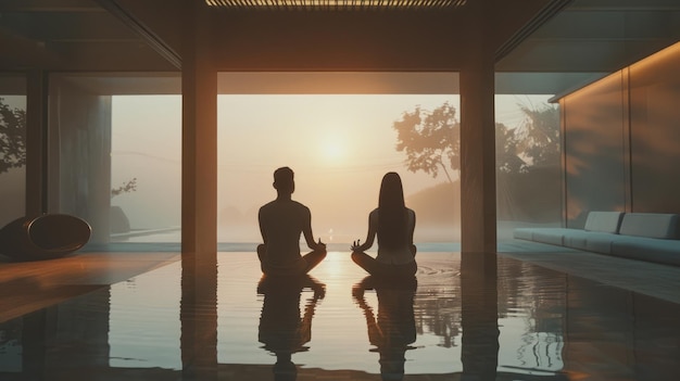 A couple doing meditation in a modern future zen vibe cinematic shot