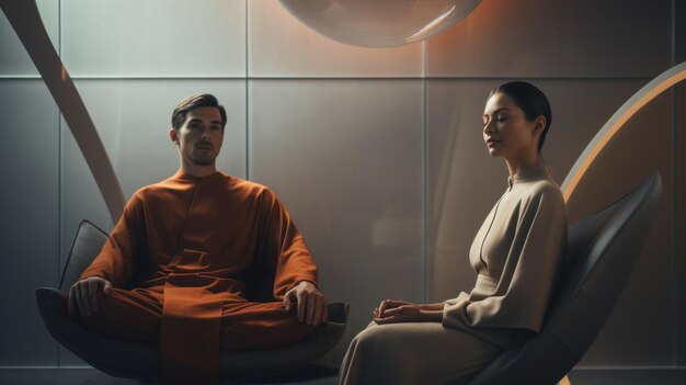 A couple doing meditation in a modern future zen vibe