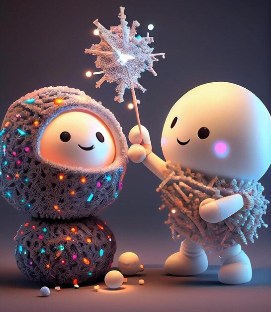 A couple of dolls are holding a snowflake and a snowman.