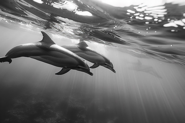 Foto una coppia di delfini che nuotano nell'oceano