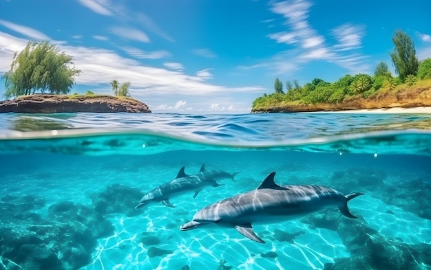 Photo a couple of dolphins swimming in the ocean