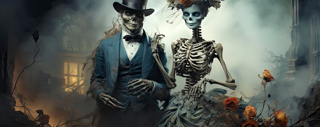 骸骨の格好をしたカップルと後ろに骸骨。