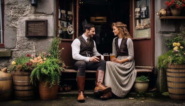 A couple dressed in traditional Irish attire captured in a rustic setting