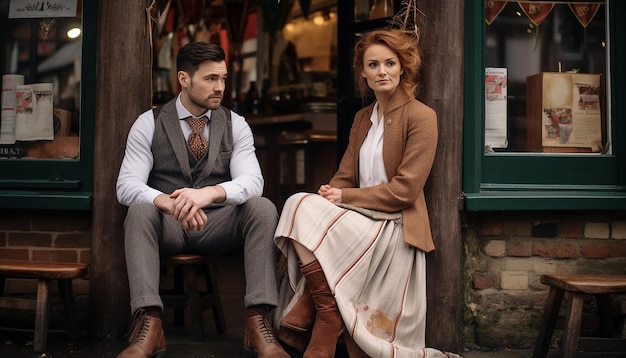 A couple dressed in traditional Irish attire captured in a rustic setting