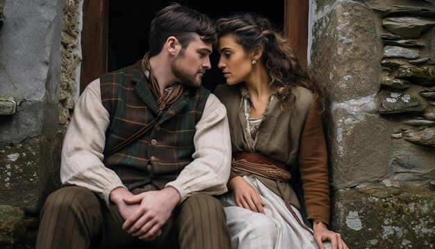 A couple dressed in traditional Irish attire captured in a rustic setting