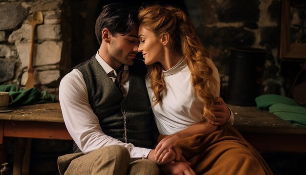 A couple dressed in traditional Irish attire captured in a rustic setting