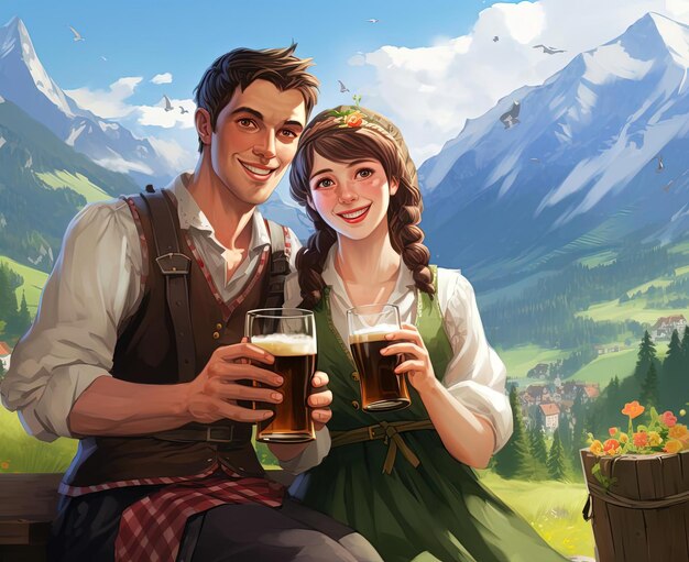 Photo couple dressed on traditional obernacht costumes with beer in hand in the style of flat and graphic