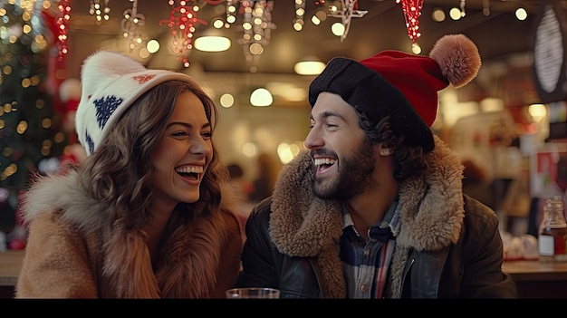 Couple drinking in bar on Christmas Eve