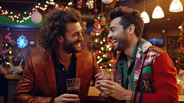 Couple drinking in bar on Christmas Eve