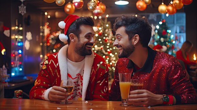 Couple drinking in bar on Christmas Eve