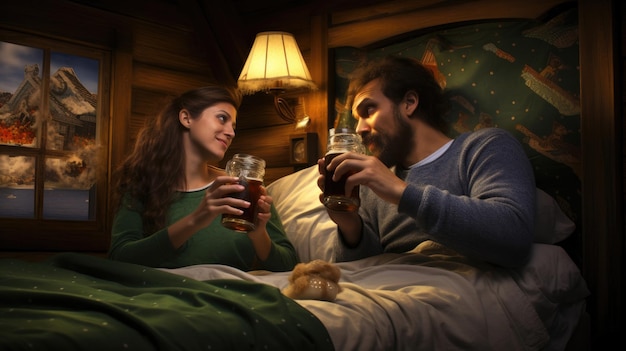 Photo couple drinking beer in their bed
