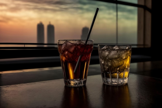 A Couple Of Drinks Sitting On Top Of A Table