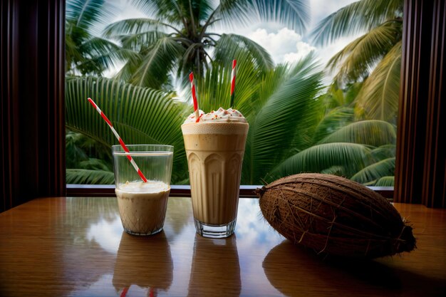 A Couple Of Drinks Sitting On Top Of A Wooden Table