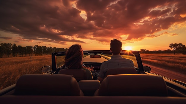 couple Driving car into the Sunset Love couple travel in holiday Copy space for text