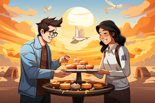 couple eating cupcake in outdoor land cartoon