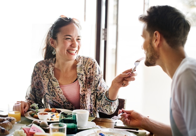 Couple eating a hotel breakfast