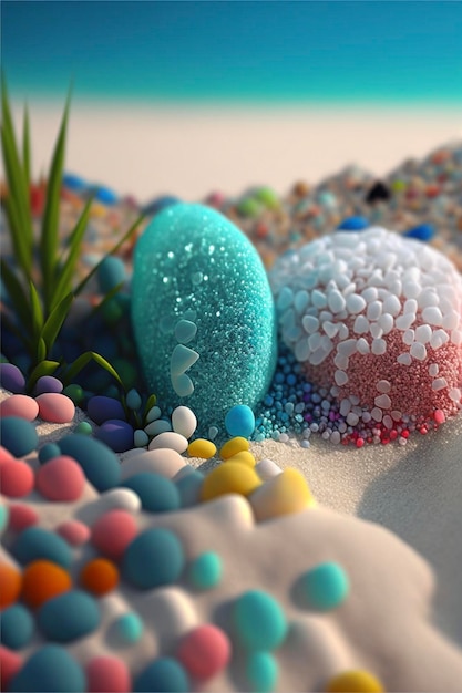 Couple of eggs sitting on top of a sandy beach generative ai