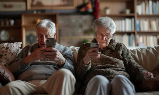 Couple elder people sit relax on couch using smartphone for social media Elderly and phone addict concept