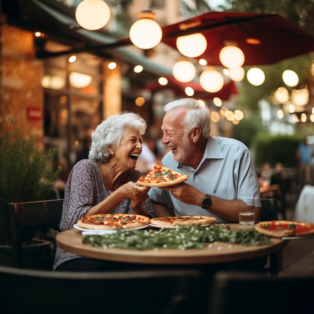 Couple of elderly gentlemen with white hair are smiling while eating a pizza Celebrating anniversary in pizzeria sitting outdoors Happy people concept