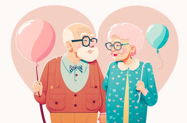 Couple of elderly people standing next to each other with balloons in the air Generative AI