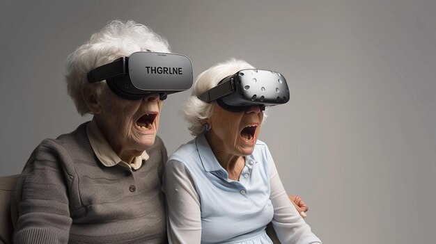 couple of elderly woman and man emotional joyful surprised with virtual reality sunglass