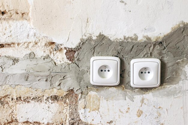 Photo couple of electric power plug sockets on old white dirty brick wall electricity repair and reconstruction concept vintage grunge background home under construction