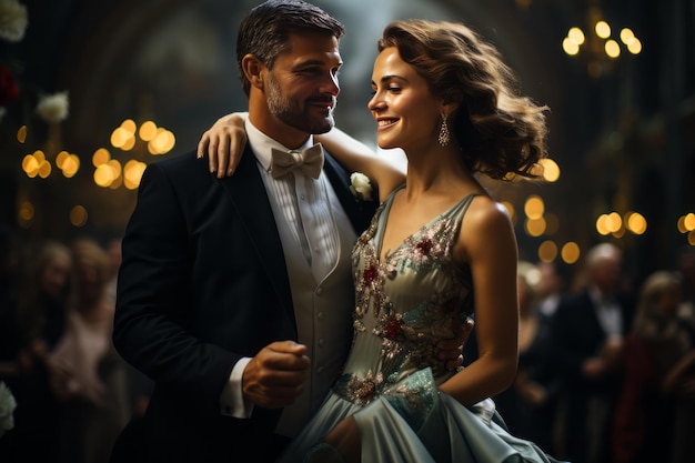 Couple in elegant attire dancing gracefully at a grand ballroom event Generative AI