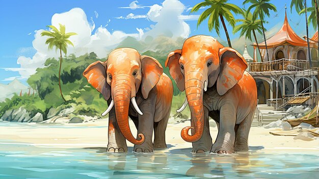 Couple of elephant in water high definition photography creative background wallpaper