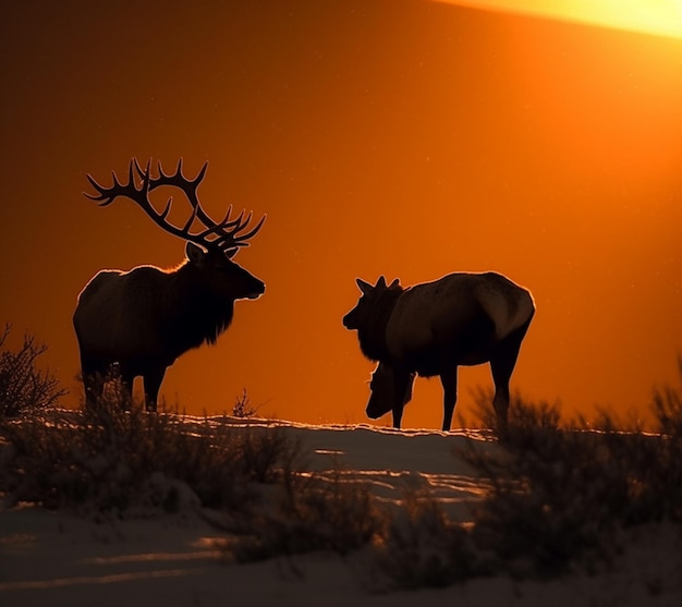 A couple of elk stand on a hill at sunset.