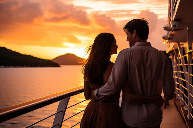 Couple embarking on a romantic cruise exploring exotic islands sharing intimate moments on the sun deck and watching the sunset together