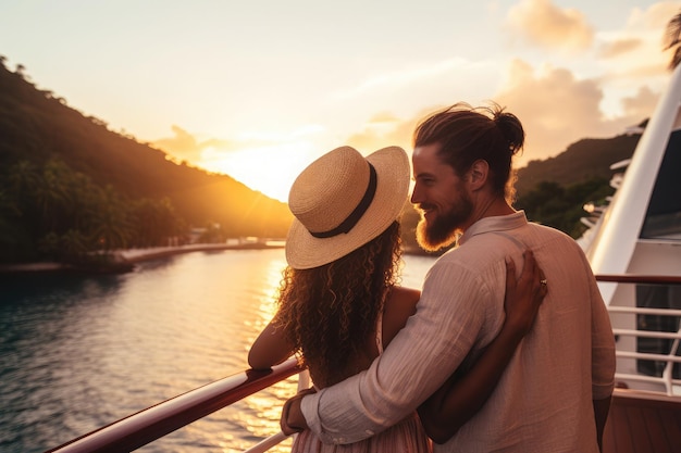 Couple embarking on a romantic cruise exploring exotic islands sharing intimate moments on the sun deck and watching the sunset together