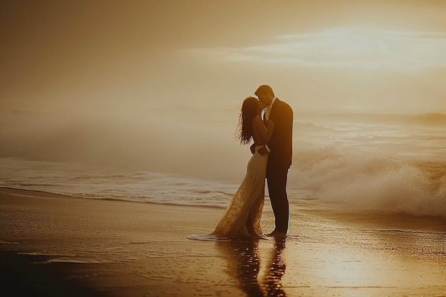 a couple embrace on the beach in the sunset