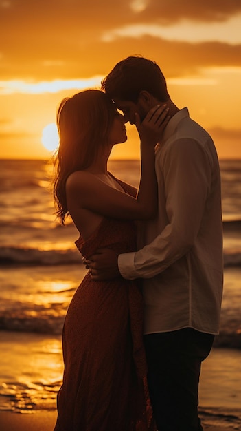 a couple embrace on the beach with the sun setting behind them.