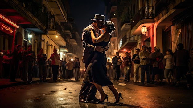 Photo a couple embrace in the street with a kiss in the foreground.