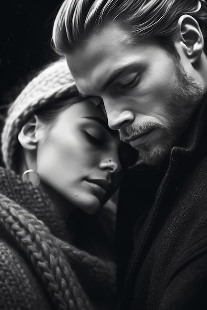 A couple embraces in black and white, with one of them wearing a scarf.