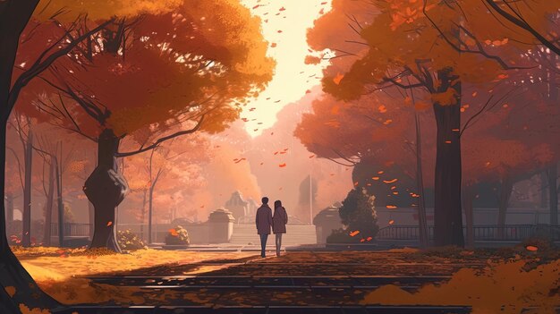 Couple embraces in fall park digital art illustration Generative AI